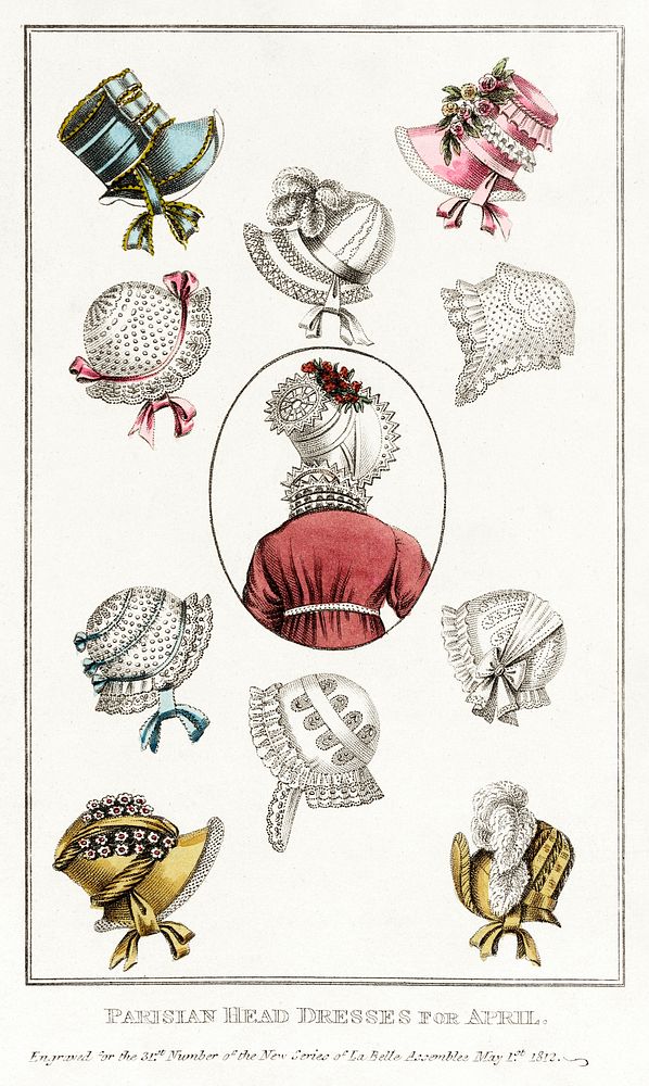 Fashion Plate, 'Parisian Head Dresses for April' for 'La Belle Assembl&eacute;e' (1812) by John Bell. Original from the Los…