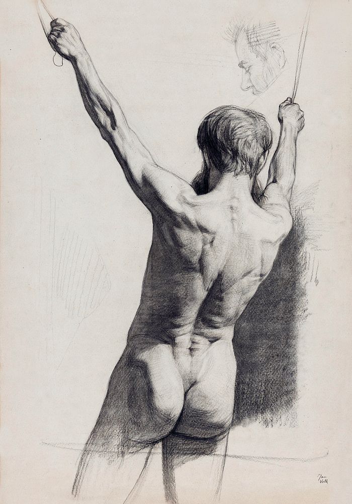 Standing Nude. Staand mannelijk naakt met opgeheven armen, op de rug gezien (ca. 1874&ndash;1925) by Jan Veth. Original from…