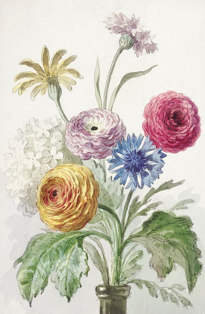 Boeket bloemen in de hals van een groene vaas (ca. 1763&ndash;1825) in high resolution by Willem van Leen. Original from The…