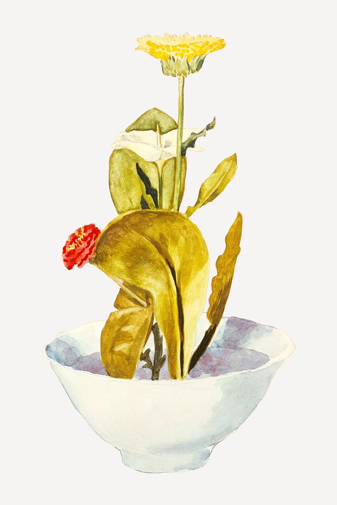 Vintage flower in bowl illustration psd, remix from artworks by Morton L. Schamberg