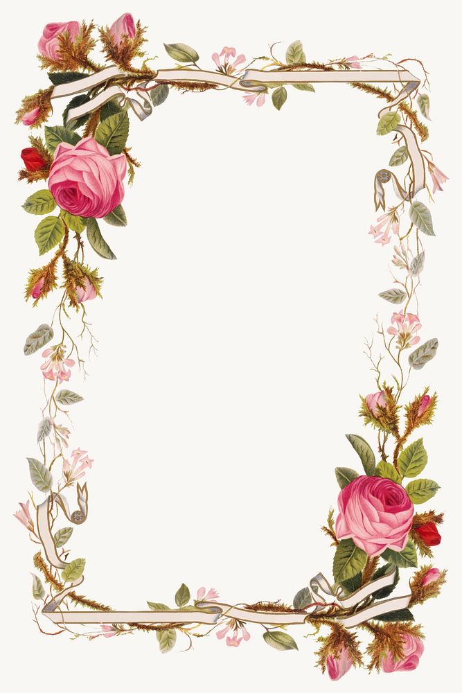Vintage pink roses psd border frame illustration, remix from artworks by L. Prang & Co.
