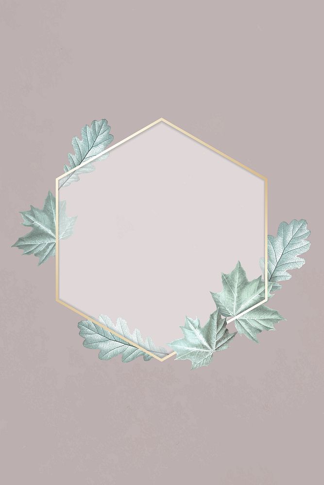Green leafy hexagon gold frame vector