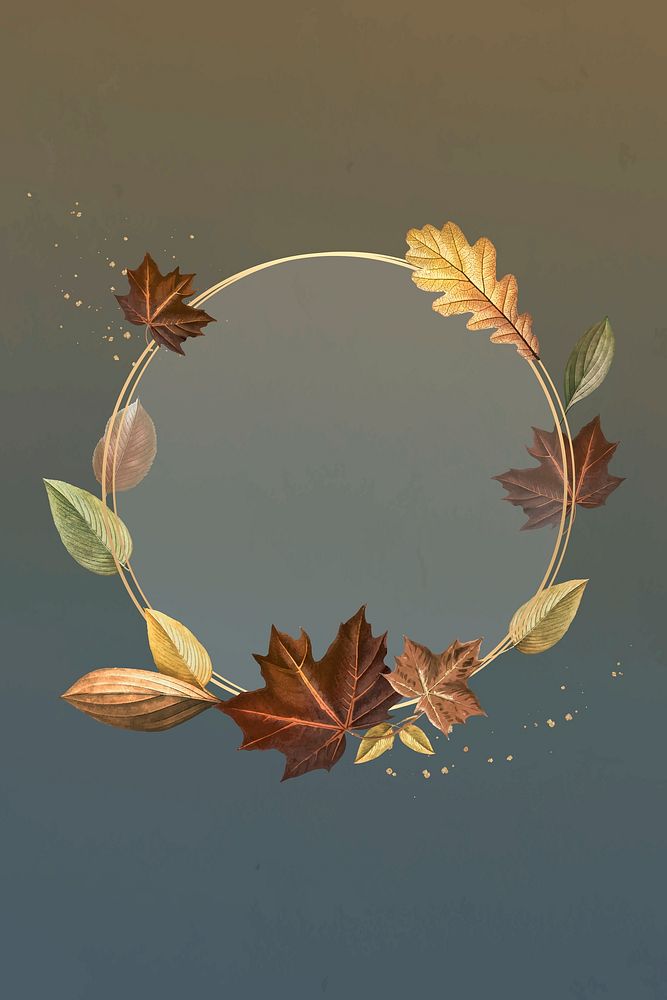 Autumn leafy round gold frame vector