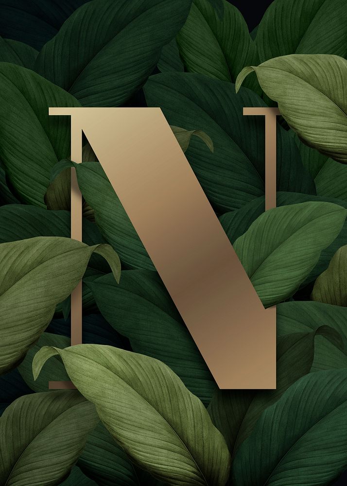 Gold alphabet N on tropical leaves background