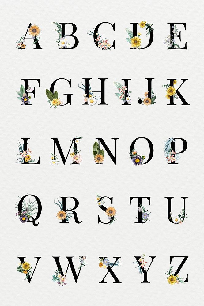 Floral alphabet lettering psd set typography