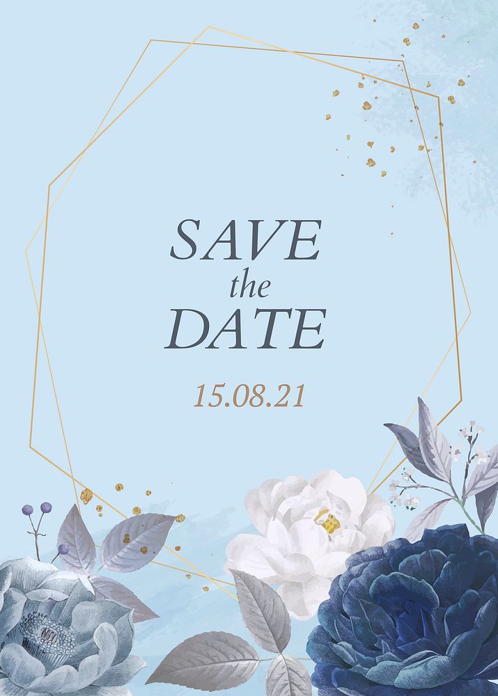 Blue roses wedding invitation card template vector