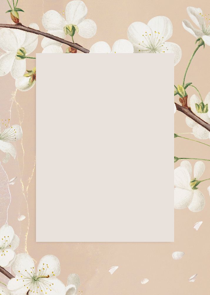 Rectangular pink cherry blossom flower bouquet border frame on nude peach background