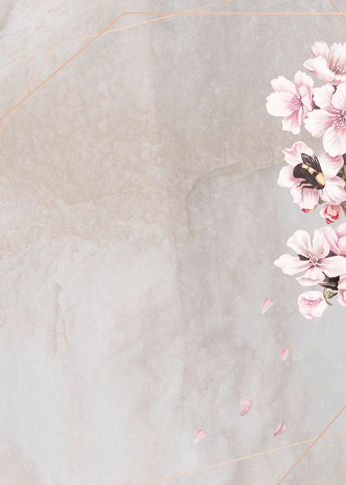 Pink cherry blossom flower bouquet border frame on cream marble background