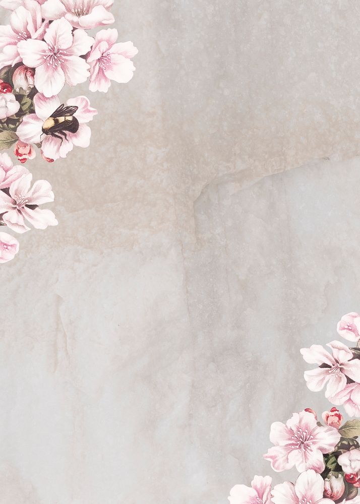 Cherry blossom flower border frame on cream marble background