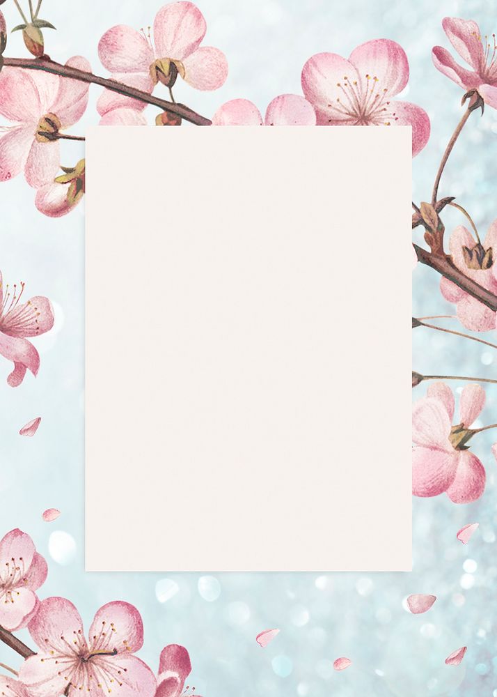 Rectangular pink cherry blossom flower bouquet border frame on blue glitter background