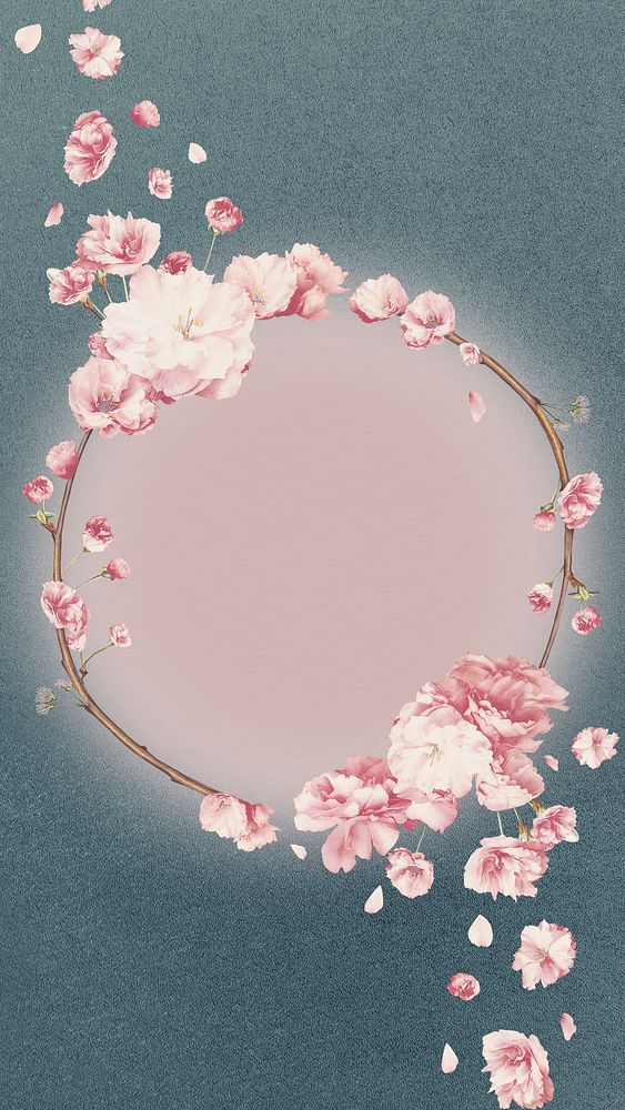 Round pink cherry blossom flower bouquet border frame on blue paper background