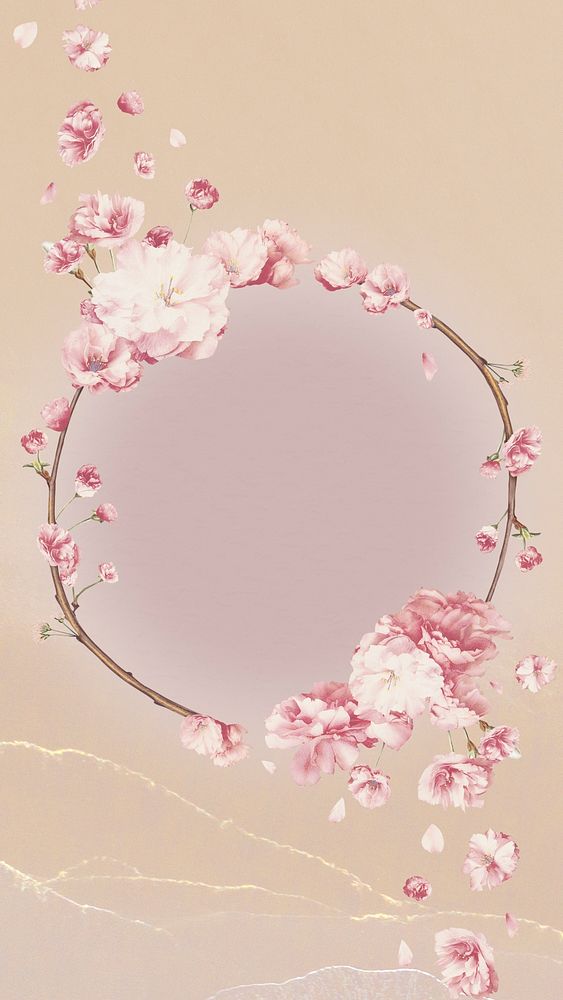 Round pink cherry blossom flower bouquet border frame on nude peach background