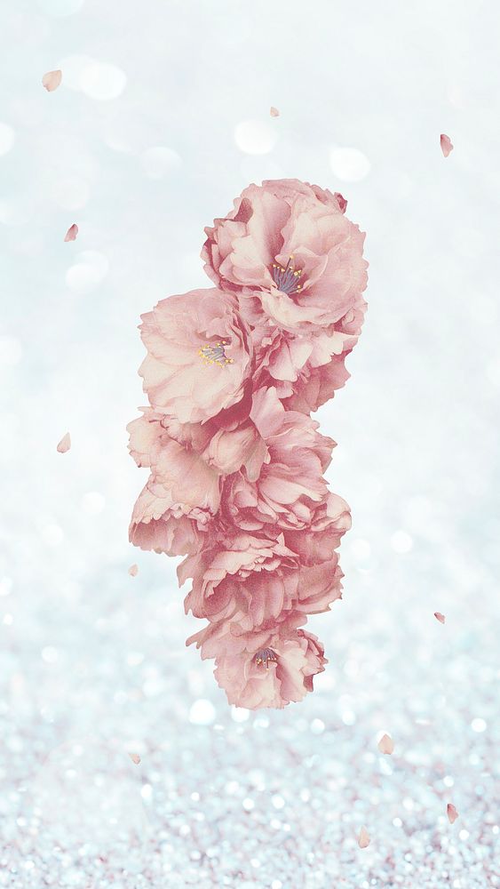 Pink cherry flower branch bouquet on blue  glitter background