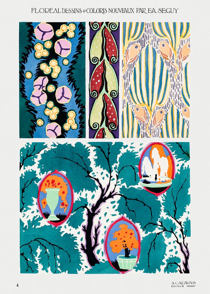 Colorful floral design, art nouveau & art deco artwork, plate no. 4. Digitally enhanced from our own original edition…