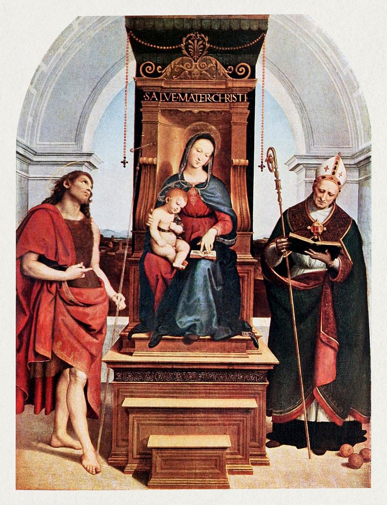 Raphael's Ansidei Madonna (1505) famous painting. Original from Wikimedia Commons. Digitally enhanced by rawpixel.
