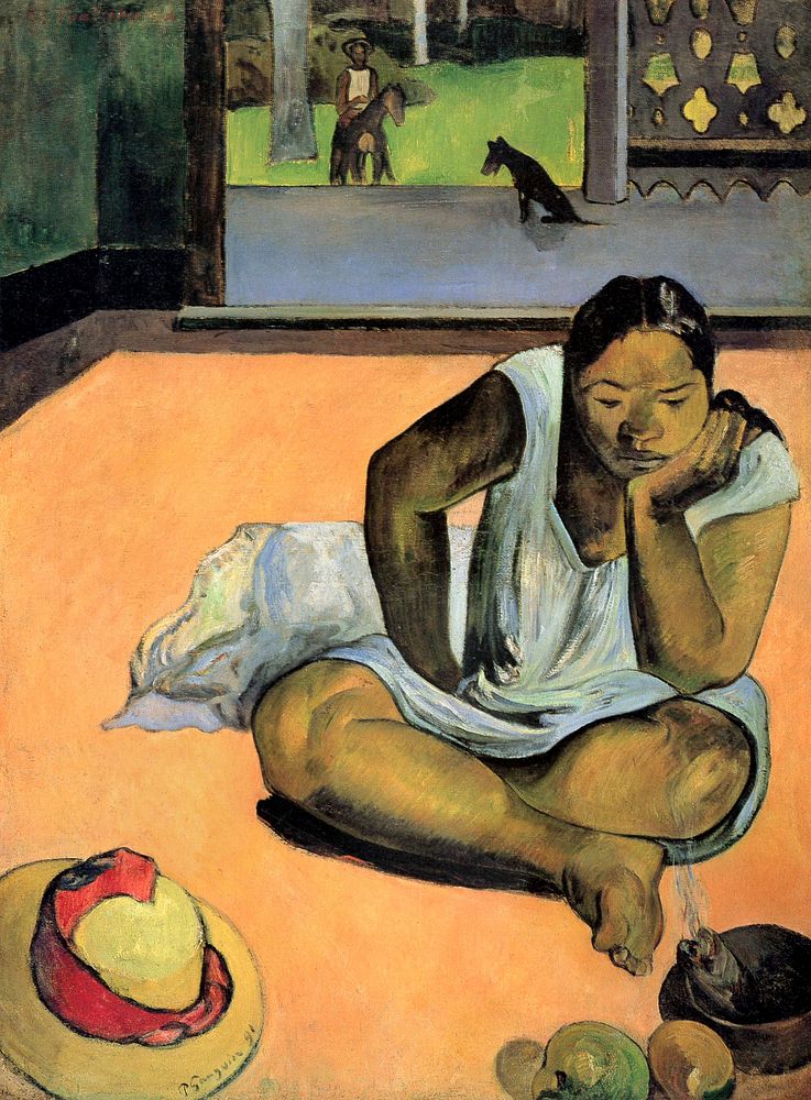 Paul Gauguin's Brooding Woman (1891) famous painting. Original from Wikimedia Commons. Digitally enhanced by rawpixel.