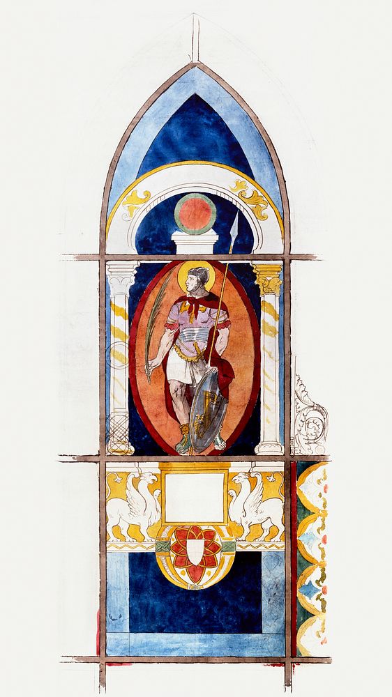Prosper Lafaye's Dessin de vitrail de Saint Victor: Saint arm&eacute; dans une mandorle orang&eacute; sous une arche (1845…