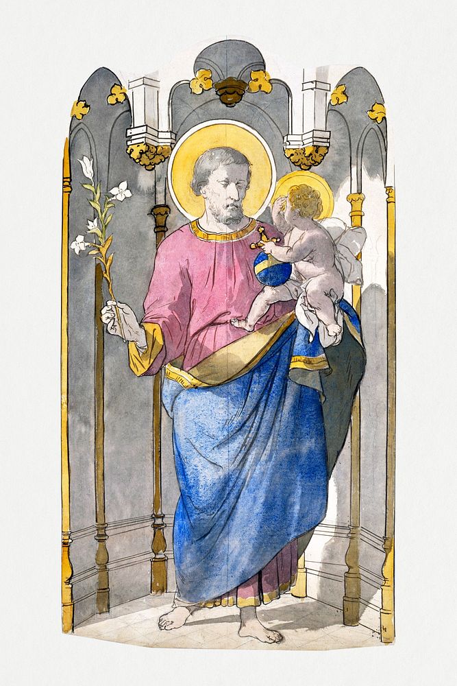 Prosper Lafaye's Dessin de vitrail: Saint Joseph tenant un lys et portant l'enfant J&eacute;sus (1845-1875) famous painting.…