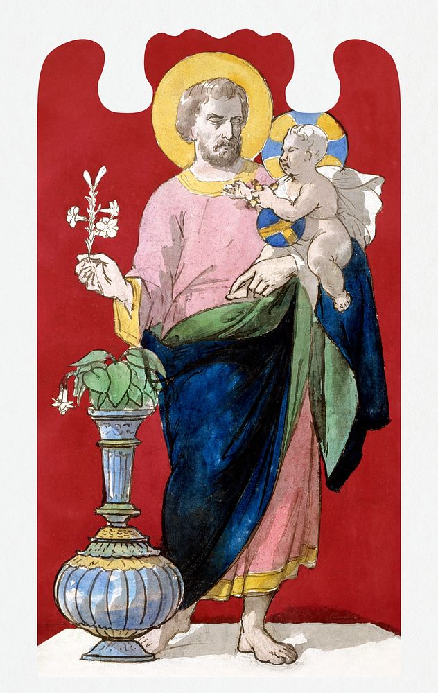 Prosper Lafaye's Dessin de vitrail: Saint Joseph tenant un lys et portant l'enfant J&eacute;sus avec aigui&egrave;re (1845…