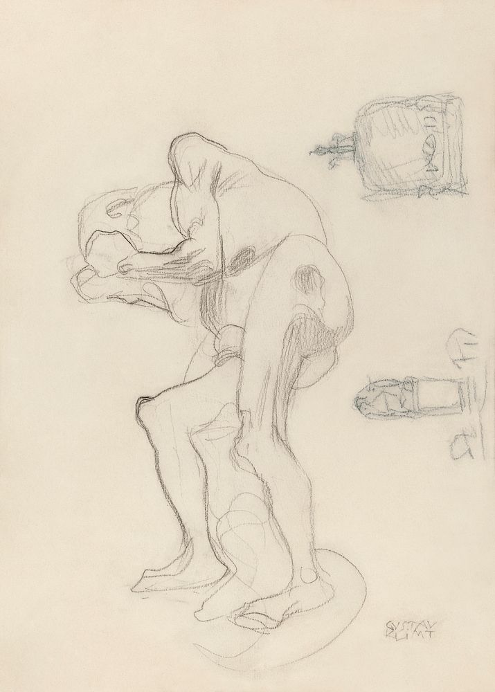Study of a Nude Old Woman Clenching Her Fists, and Two Decorative Objects (ca. 1901) by Gustav Klimt. Original from The…