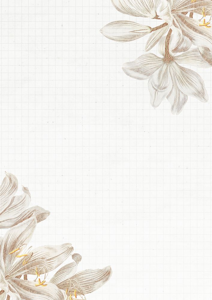 Vintage white lily flower frame on grid background design element