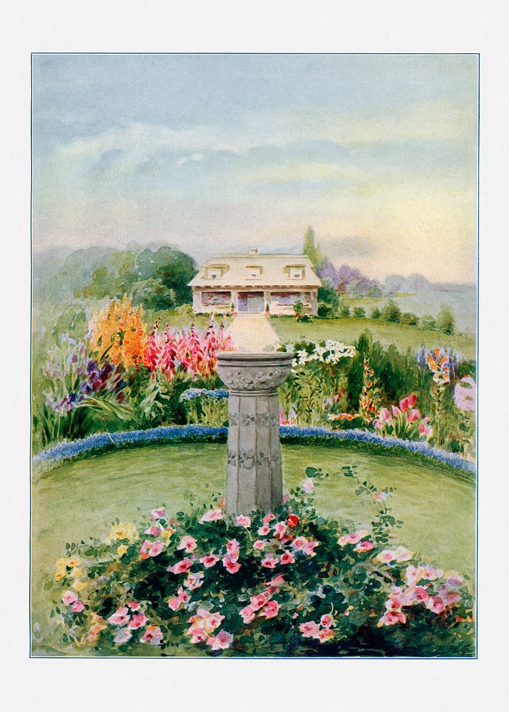 Garden & house watercolor illustration. Digitally enhanced from our own original copy of The Open Door to Independence…