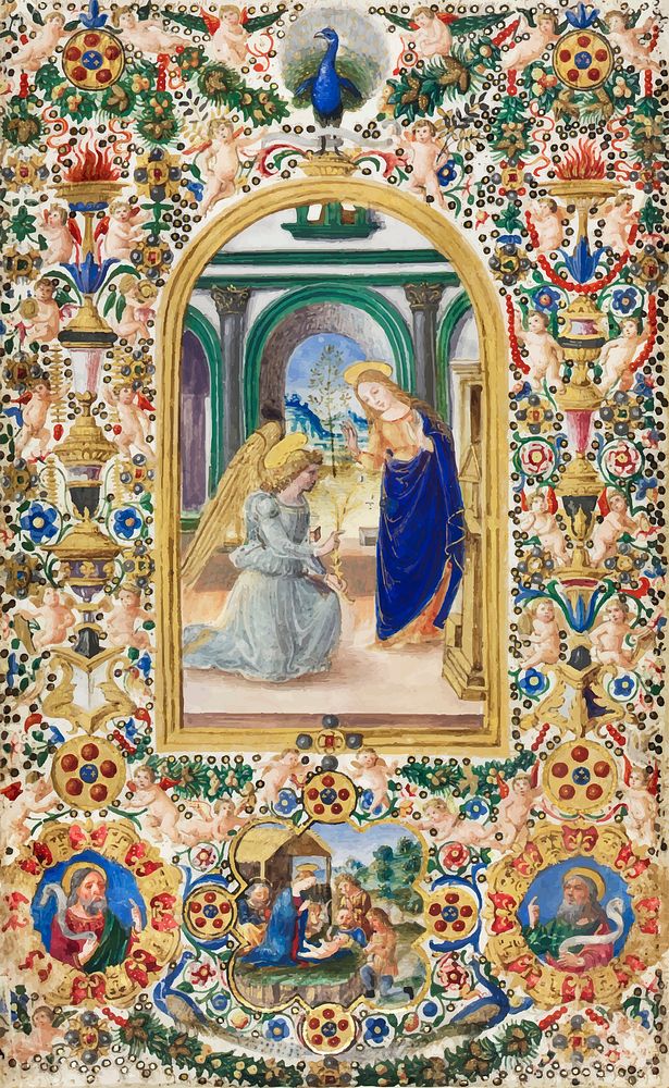 Vintage annunciation, nativity and two prophets illustration, remix from public domain artwork