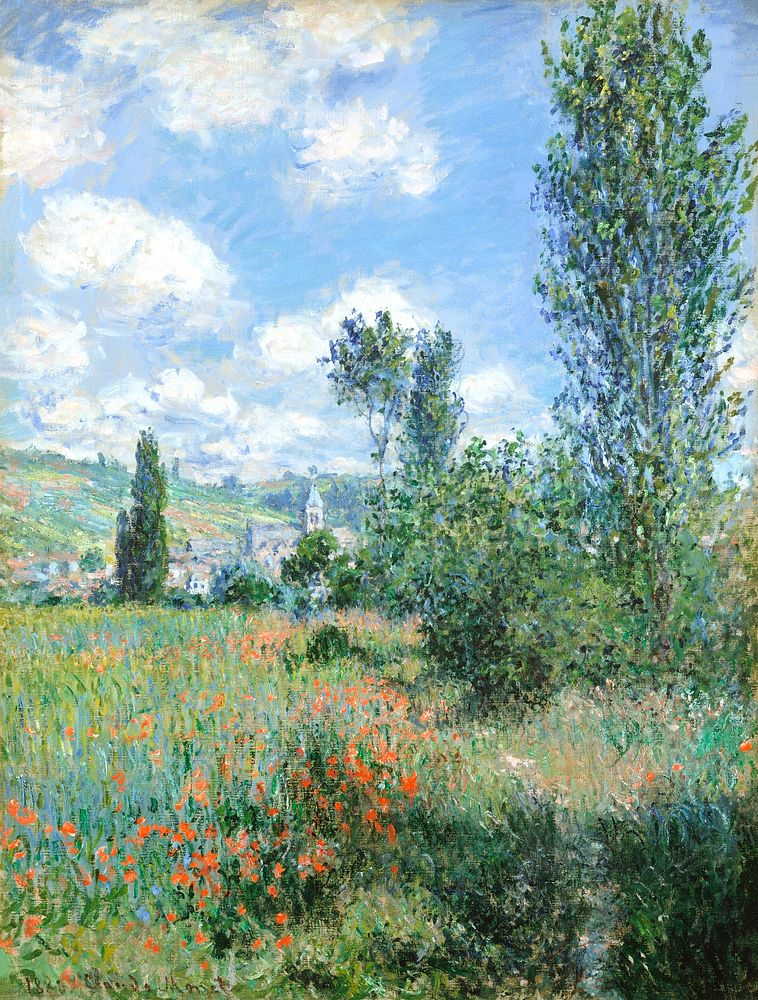 View of V&eacute;theuil (1880) by Claude Monet, high resolution famous painting. Original from The MET. Digitally enhanced…