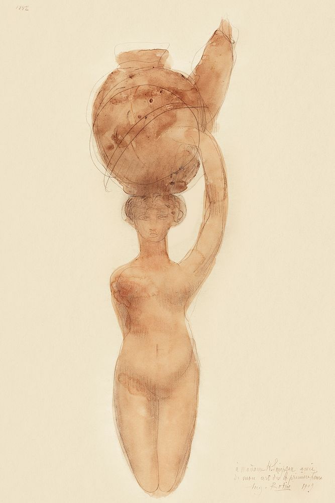 Nude Woman Carrying Vase on Head (1909) by Auguste Rodin. Original from The National Gallery of Art. Digitally enhanced by…