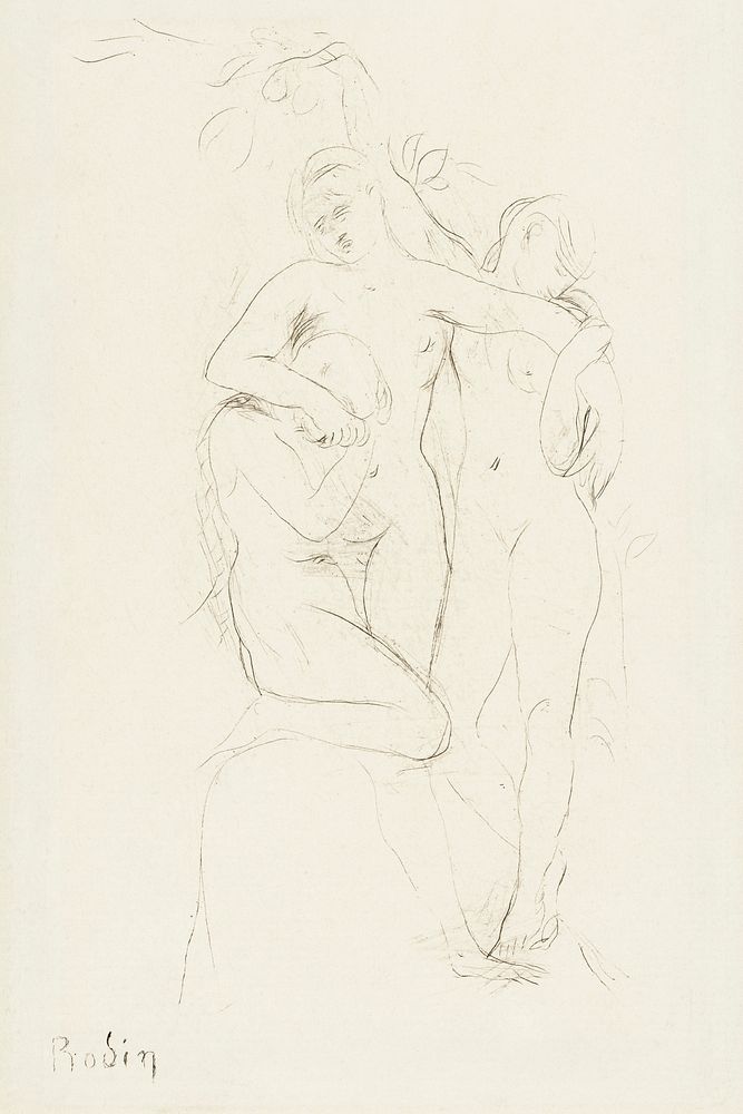 Three naked women, vintage nude illustration. Drie vrouwen met armen in omstrengeling (1893) by Auguste Rodin. Original from…