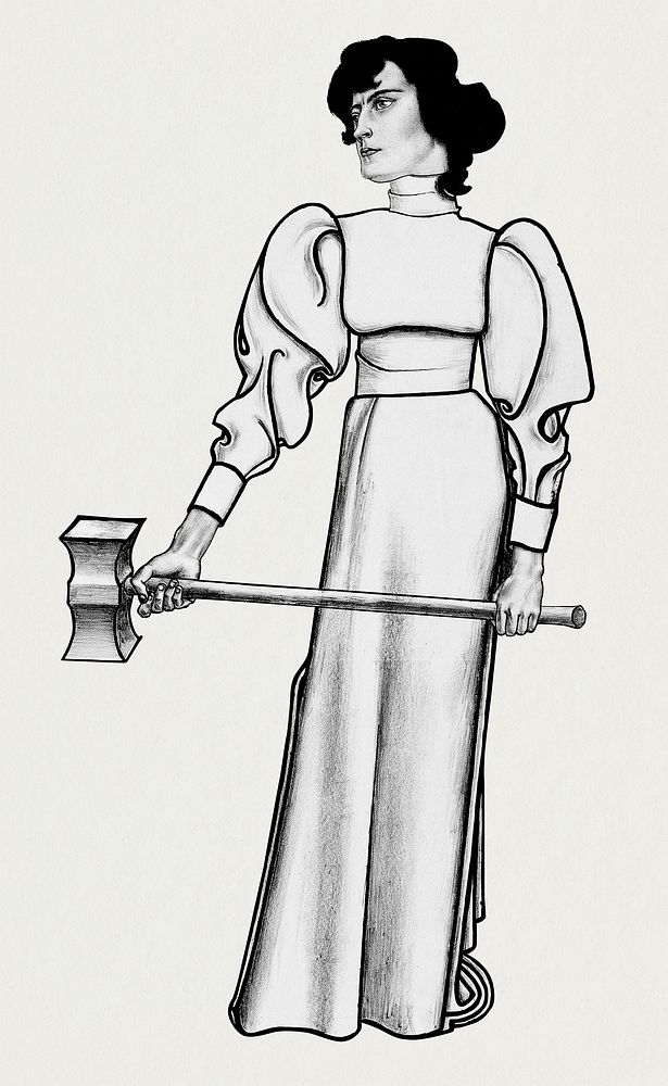 Psd vintage woman holding tool, remixed from the artworks of Jan Toorop.