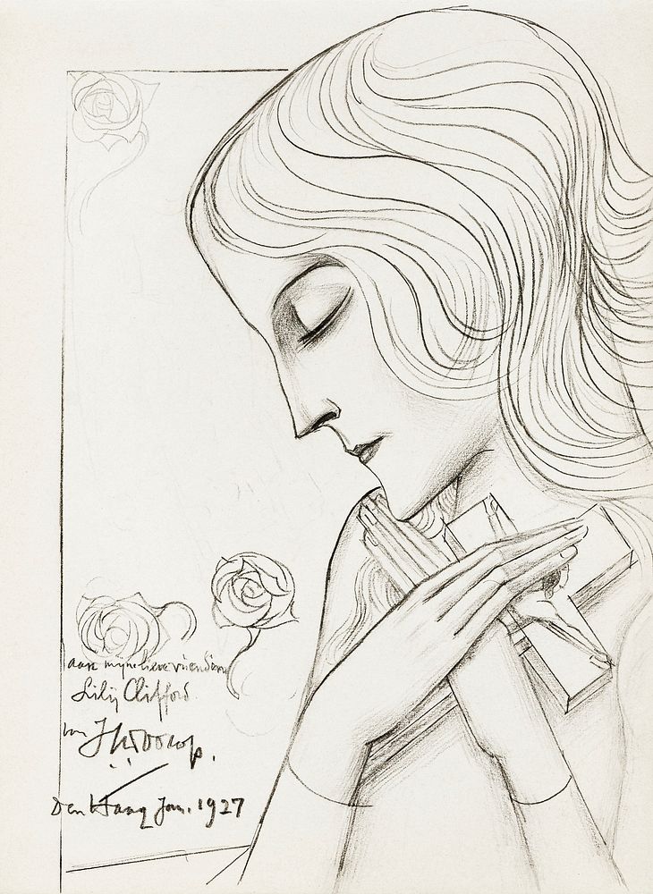 Young girl holding a cross in meditation (1927) by Jan Toorop. Original from The Rijksmuseum. Digitally enhanced by rawpixel.