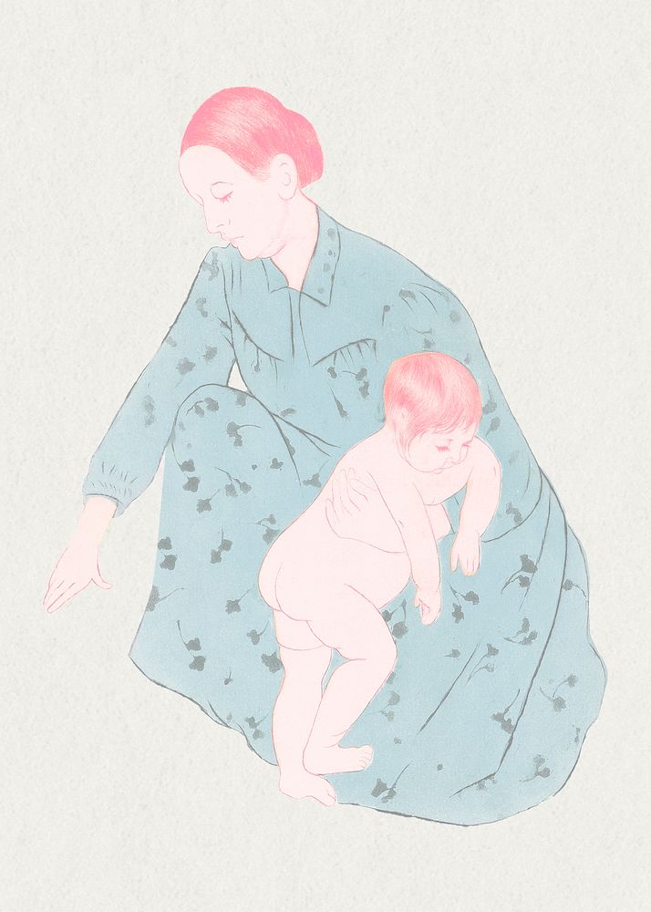 Vintage hand drawn mother showering her child illustration, remixed from the artworks of Mary Cassatt.