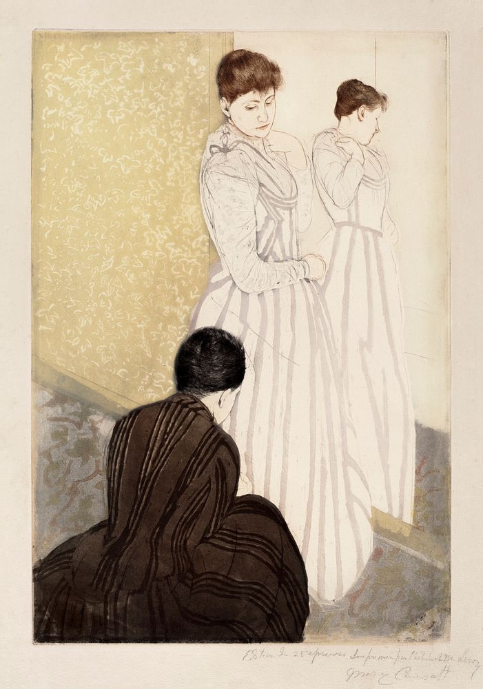 The Fitting (1890&ndash;91) by Mary Cassatt. Original woman portrait drawing from The National Gallery of Art. Digitally…