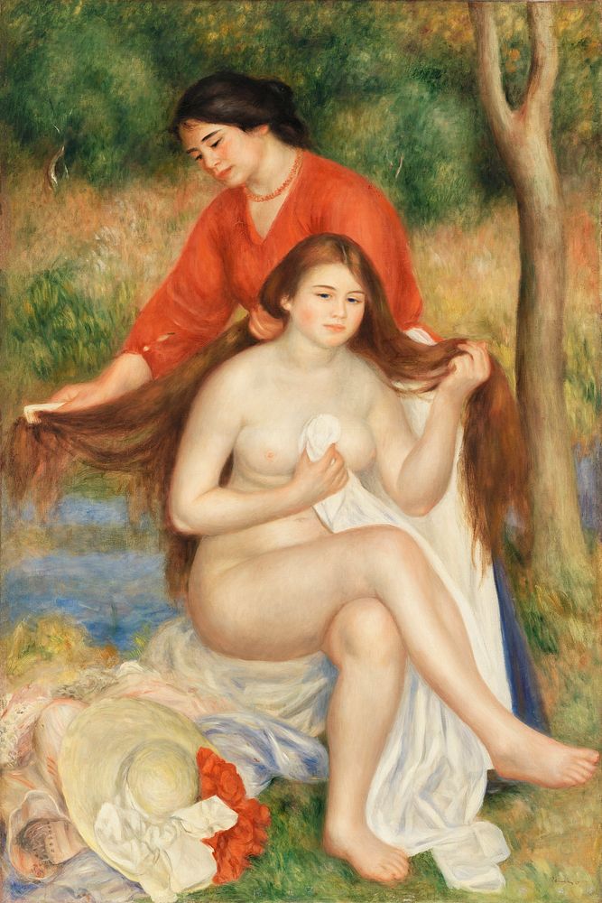 Bather and Maid (La Toilette de la baigneuse) (1900&ndash;1901) by Pierre-Auguste Renoir. Original from Barnes Foundation.…
