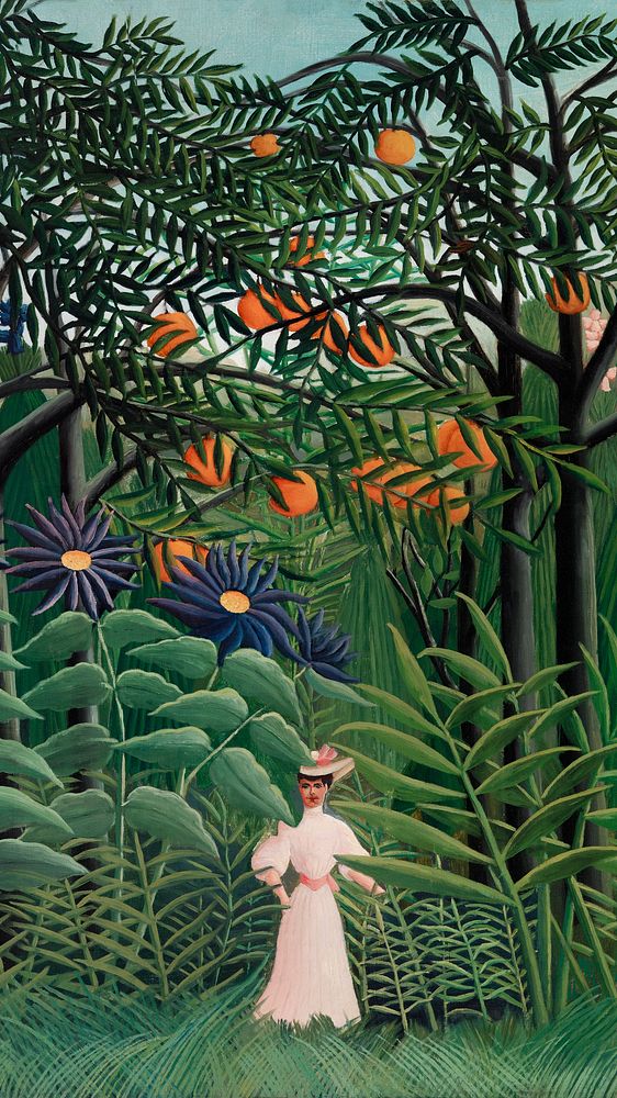 Rousseau mobile wallpaper, phone background, Woman Walking in an Exotic Forest