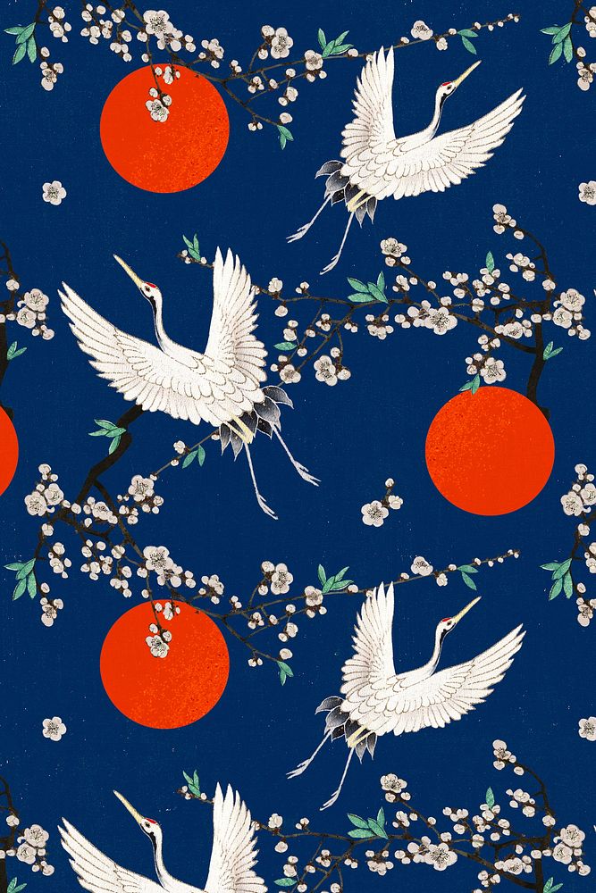Traditional Japanese crane with plum blossom psd pattern, remix of artwork by Watanabe Seitei