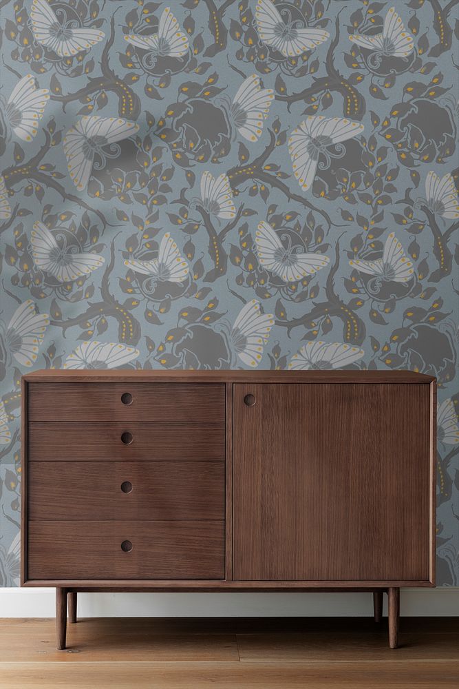 Wall mockup with Art Nouveau wallpaper psd featuring mid century cabinet