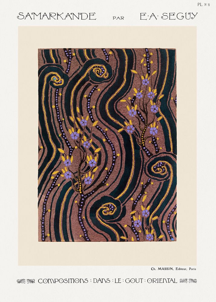 Art Deco Flower pattern pochoir print in oriental style. Original from our own 1914 edition of Samarkande: 20 Compositions…