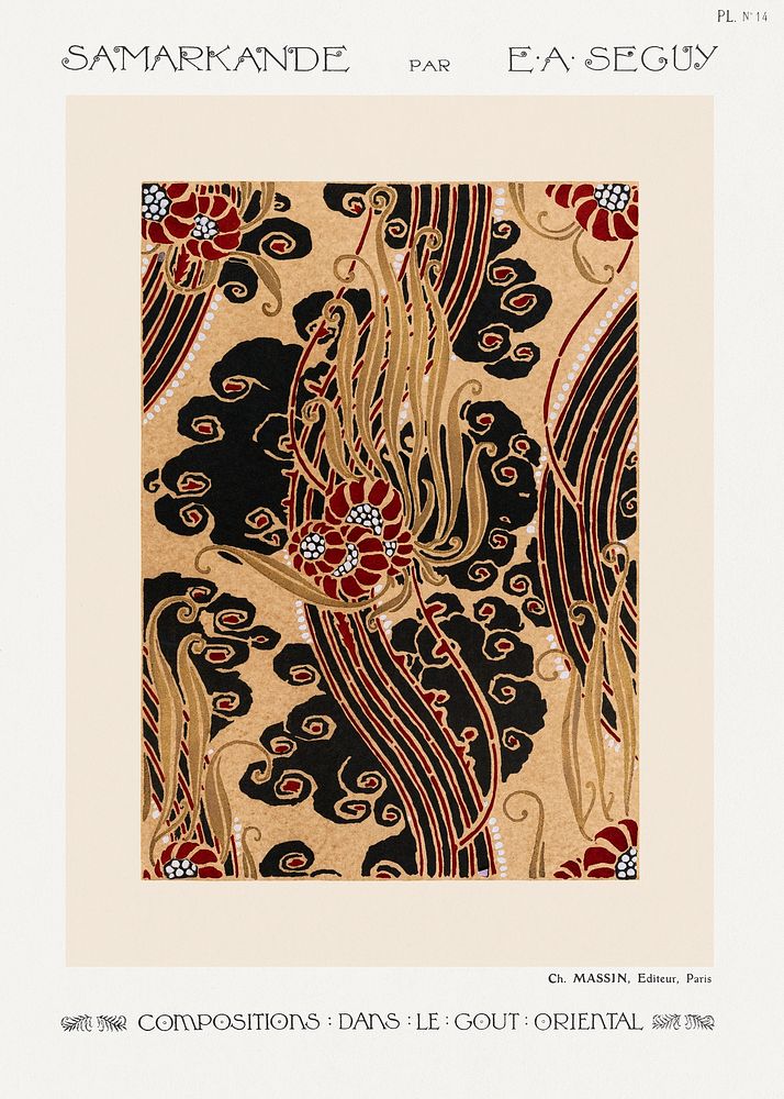 Flower pattern Art Deco stencil print in oriental style. Original from our own 1914 edition of Samarkande: 20 Compositions…