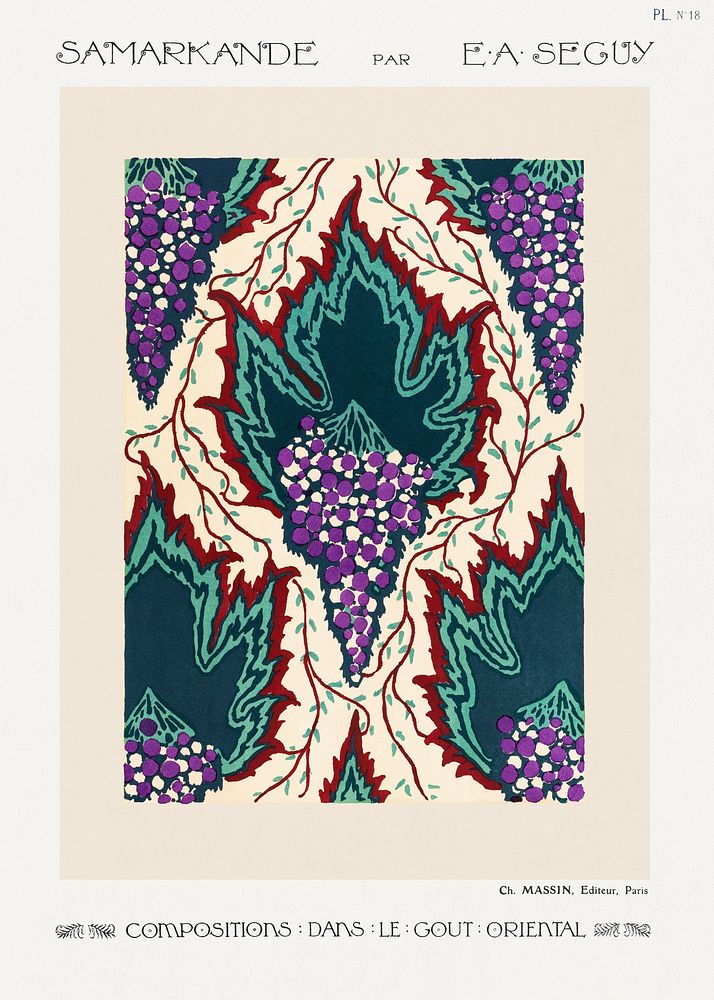 Grape pattern Art Nouveau pochoir print in oriental style. Original from our own 1914 edition of Samarkande: 20 Compositions…