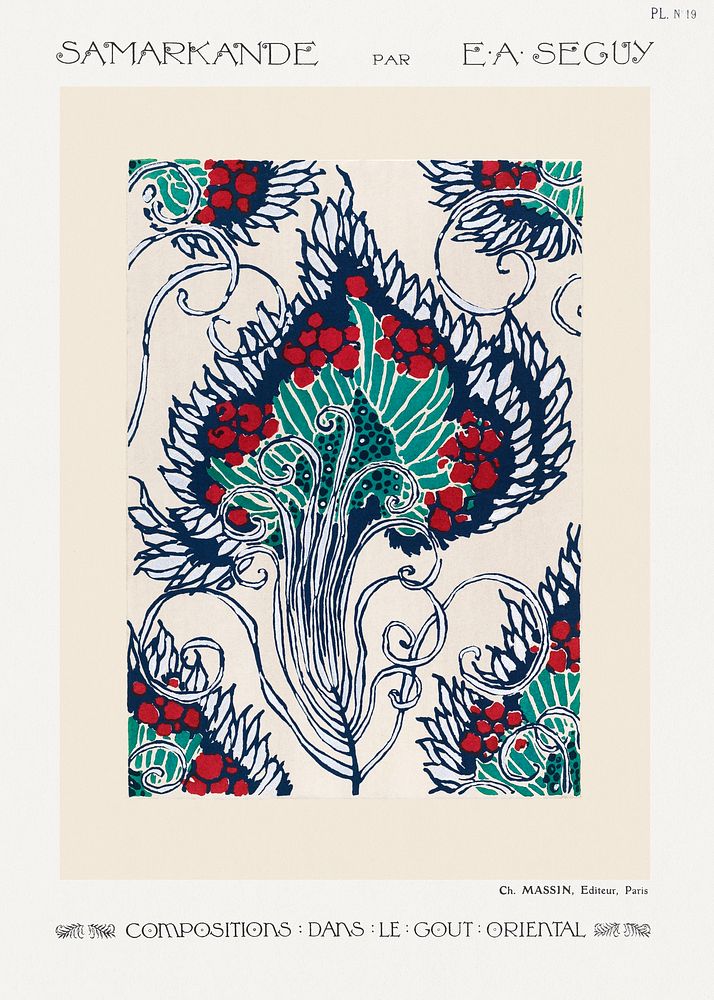 Botanical pochoir pattern in Art Nouveau oriental style. Original from our own 1914 edition of Samarkande: 20 Compositions…