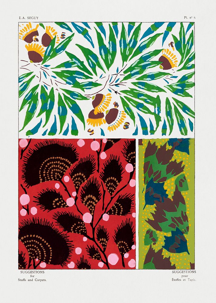 Vintage floral patterns, Art Nouveau flower pochoir stencil print for fabric and textile designs. Original from our own 1925…