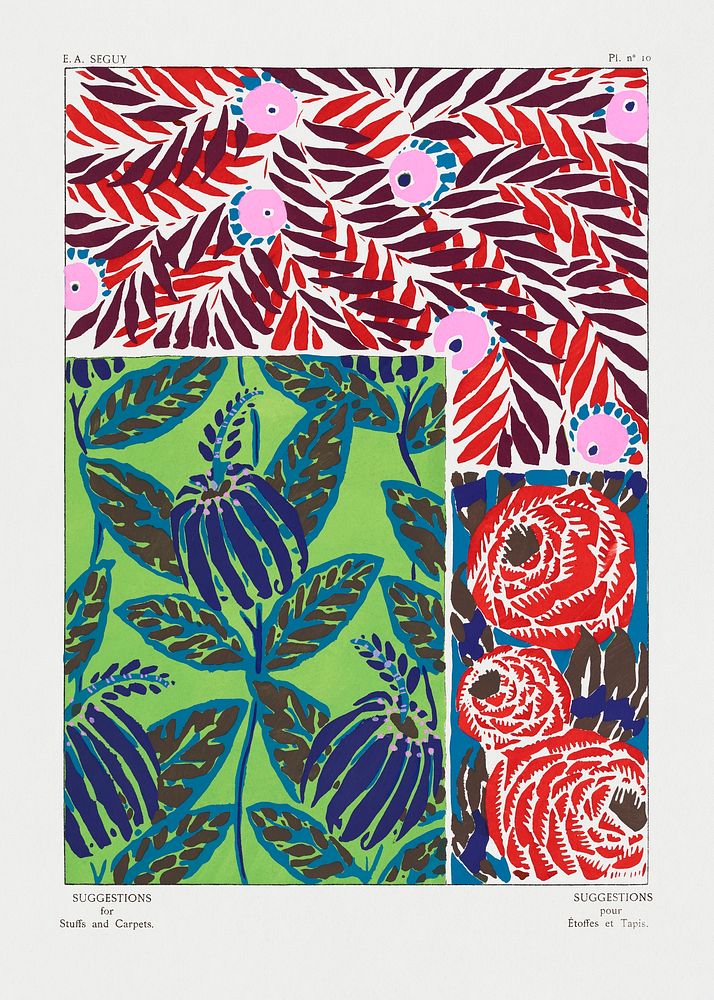 Vintage floral patterns, Art Nouveau flower pochoir stencil print for fabric and textile designs. Original from our own 1925…