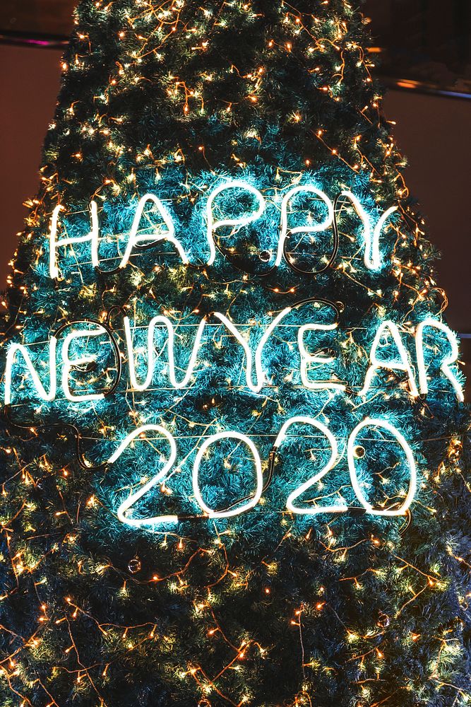 Happy New Year 2020 in lights on a Christmas tree
