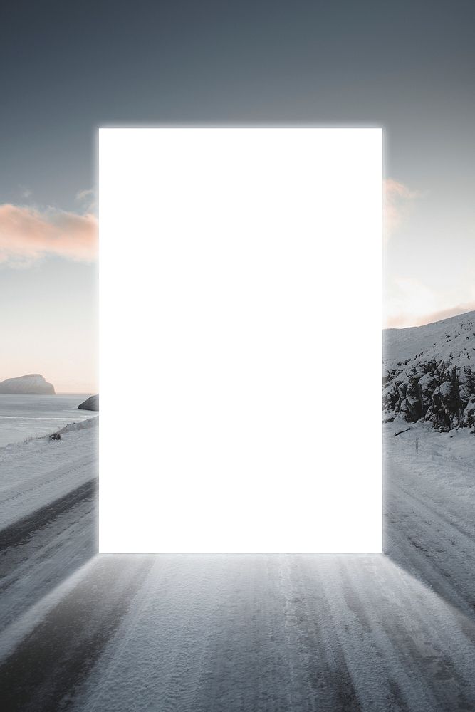View of a road covered by snow frame mockup