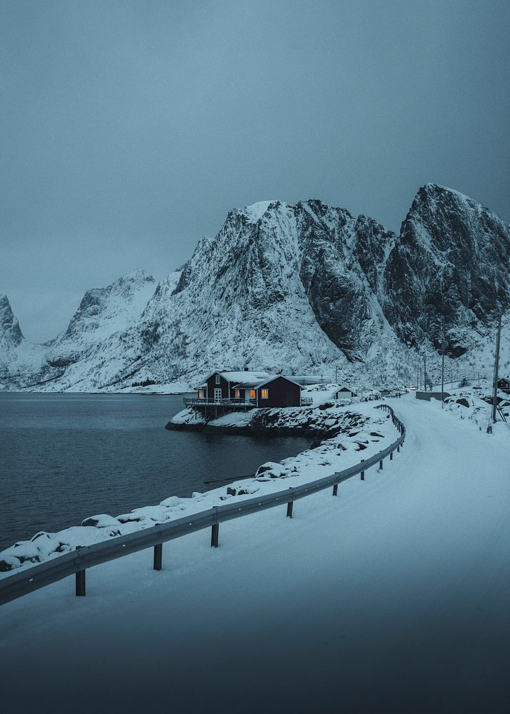 Snowy road on Sakris&oslash;y island, Norway