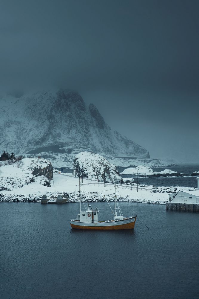 Fishing boat at Norwegian Sea at Lofoten island, Norway