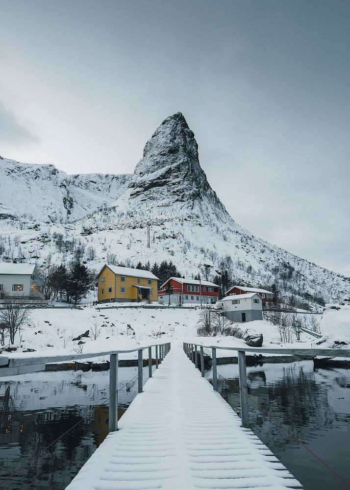 Snowy village on Sakris&oslash;y island, Norway