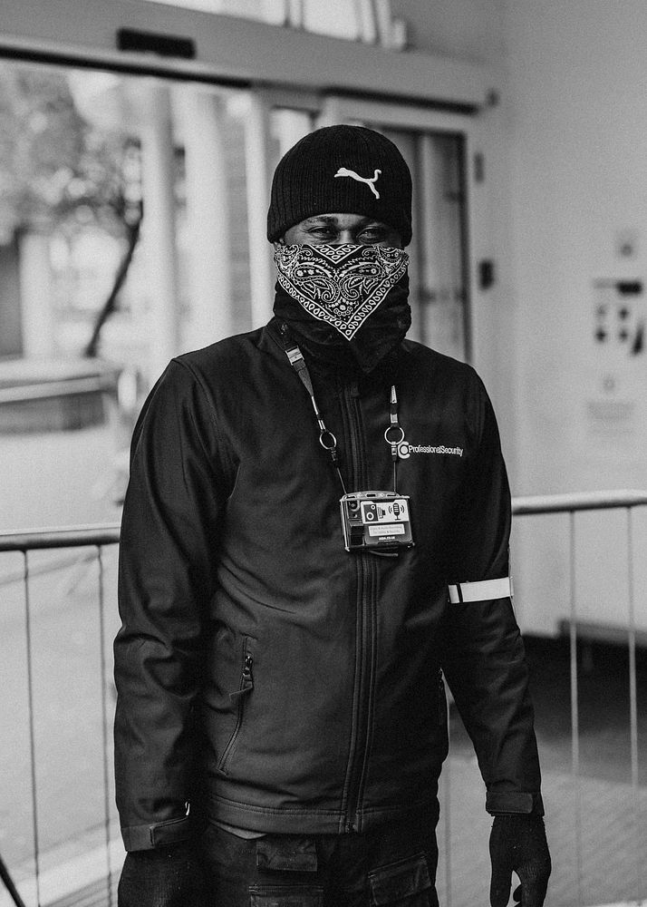 Security guard working during coronavirus pandemic. BRISTOL, UK, March 30, 2020